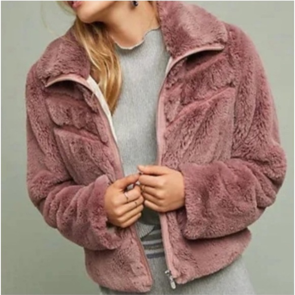 Anthropologie Faux Fur Jacket Teddy Bomber Mauve Dusty Rose Chevron Detail - Picture 2 of 10